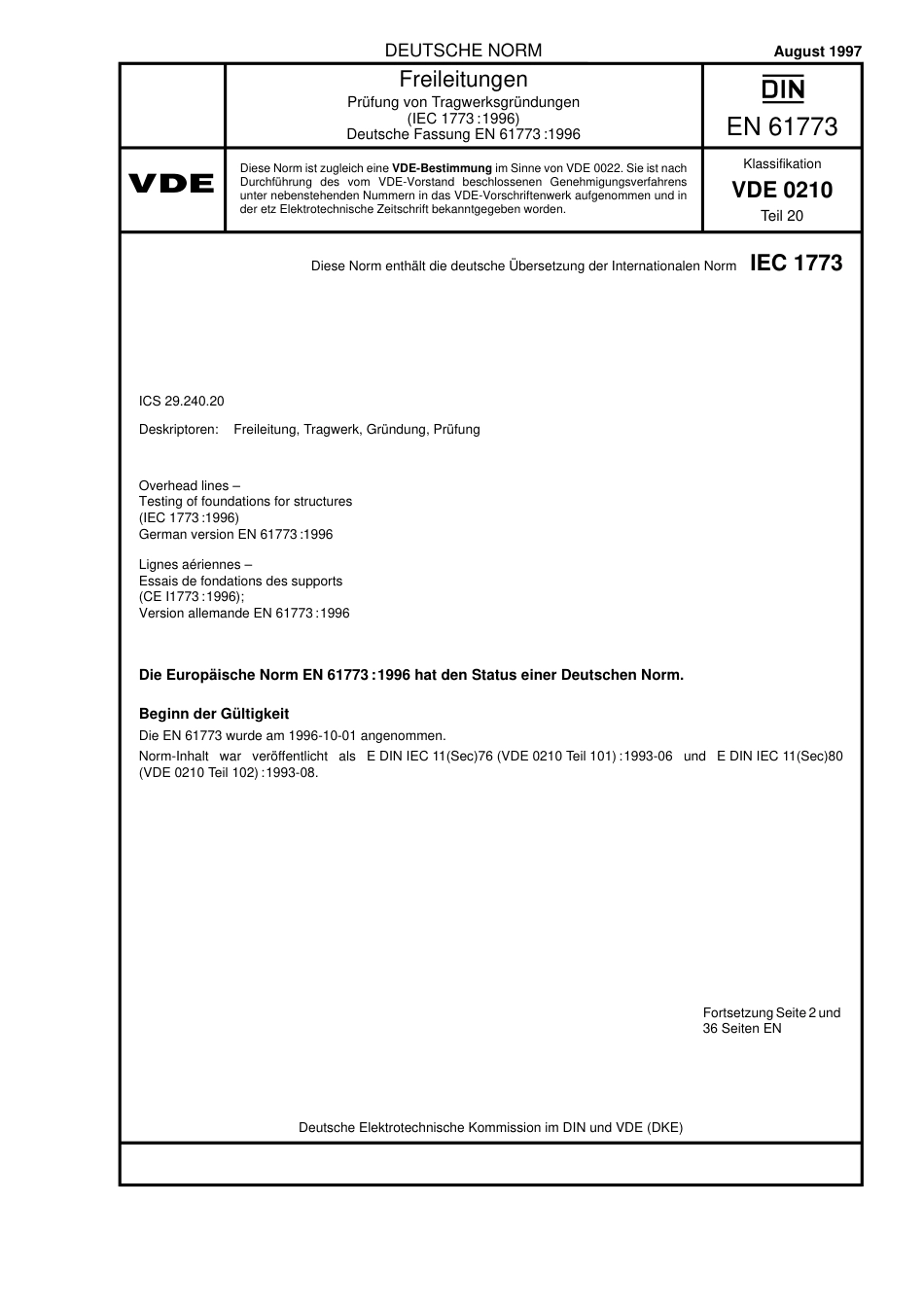 VDE 0210-20 DIN EN 61773 1997-08.pdf_第1页