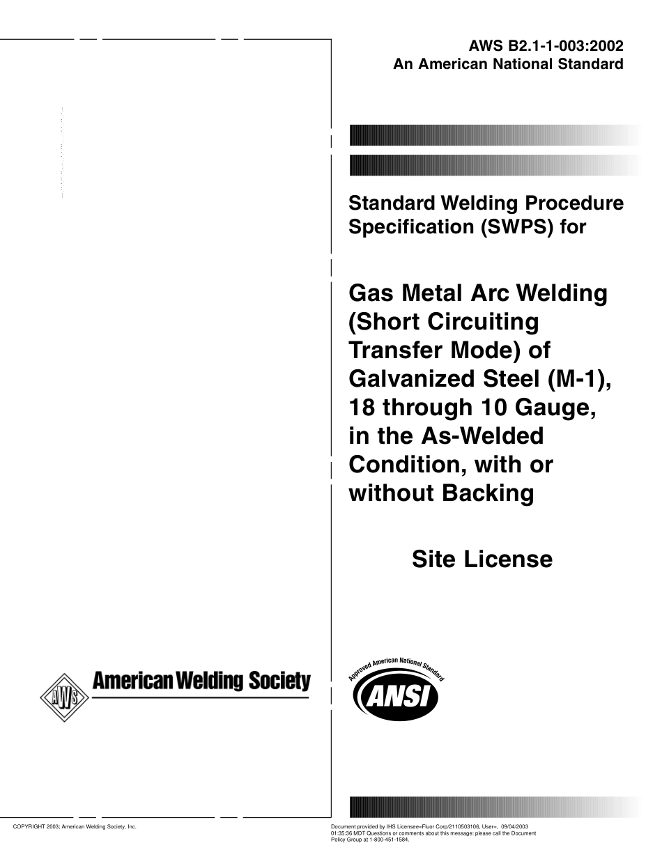AWS B2.1-1-003-2002  在焊接条件下、有或没有垫板、10到18规格的镀锌钢的气体保护金属极电弧焊.pdf_第1页