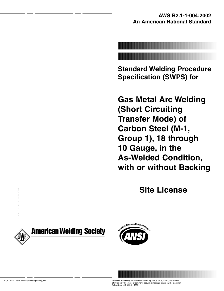 AWS B2.1-1-004-2002  在焊接条件下、有或没有垫板、10到18规格的碳钢(M1,组1)的气体保护金属极电弧焊.pdf_第1页