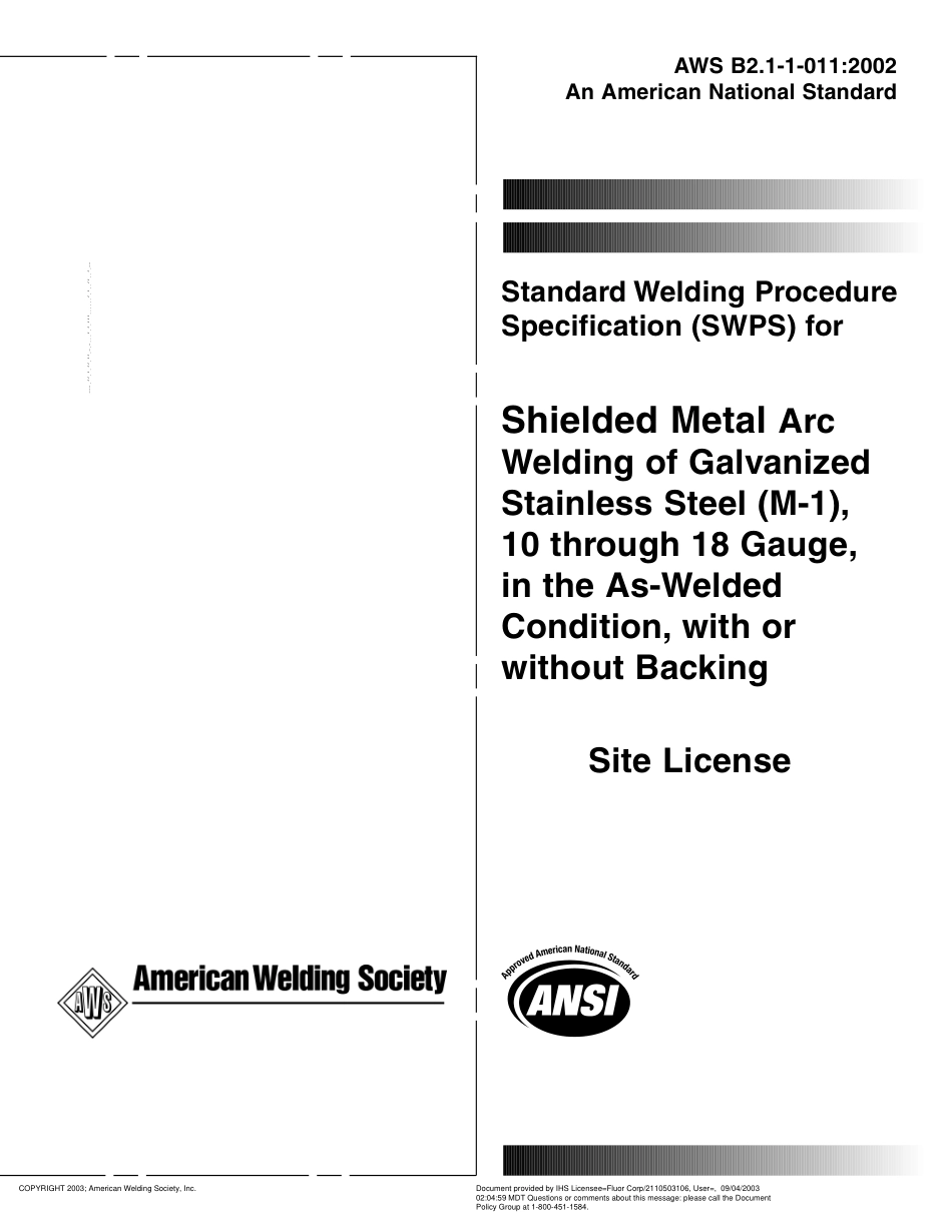 AWS B2.1-1-011-2002  标准焊接程序规范.在焊接条件下、有或没有垫板、10到18规格的镀锌钢的保护金属焊条电弧焊.pdf_第1页