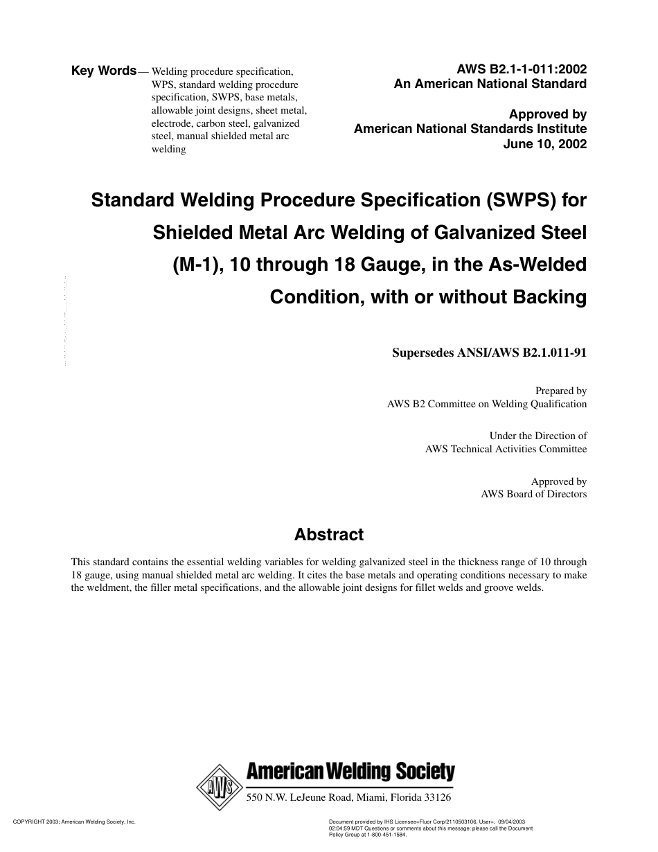 AWS B2.1-1-011-2002  标准焊接程序规范.在焊接条件下、有或没有垫板、10到18规格的镀锌钢的保护金属焊条电弧焊.pdf_第3页