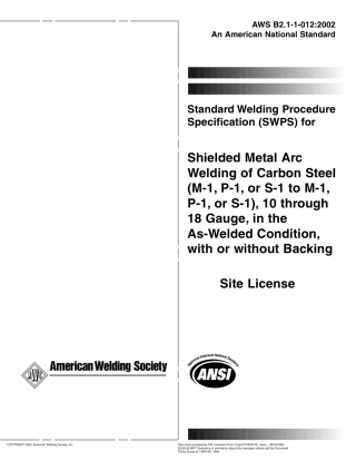AWS B2.1-1-012-2002  标准焊接程序规范.在焊接条件下、有或没有垫板、10到18规格的碳钢(M1,组1)的保护金属焊条电弧焊.pdf