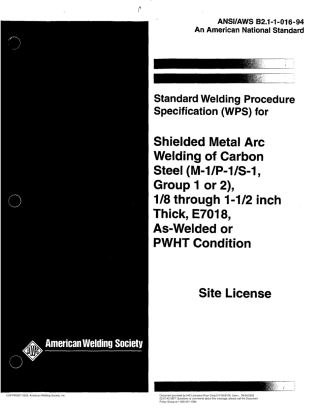 AWS B2.1-1-016-94 在焊接或PWHT条件下18到1-12英尺厚E7018碳钢的保护金属电弧焊的标准焊接程序规范(WPS)(M-1P-1S-1, 1或2.pdf