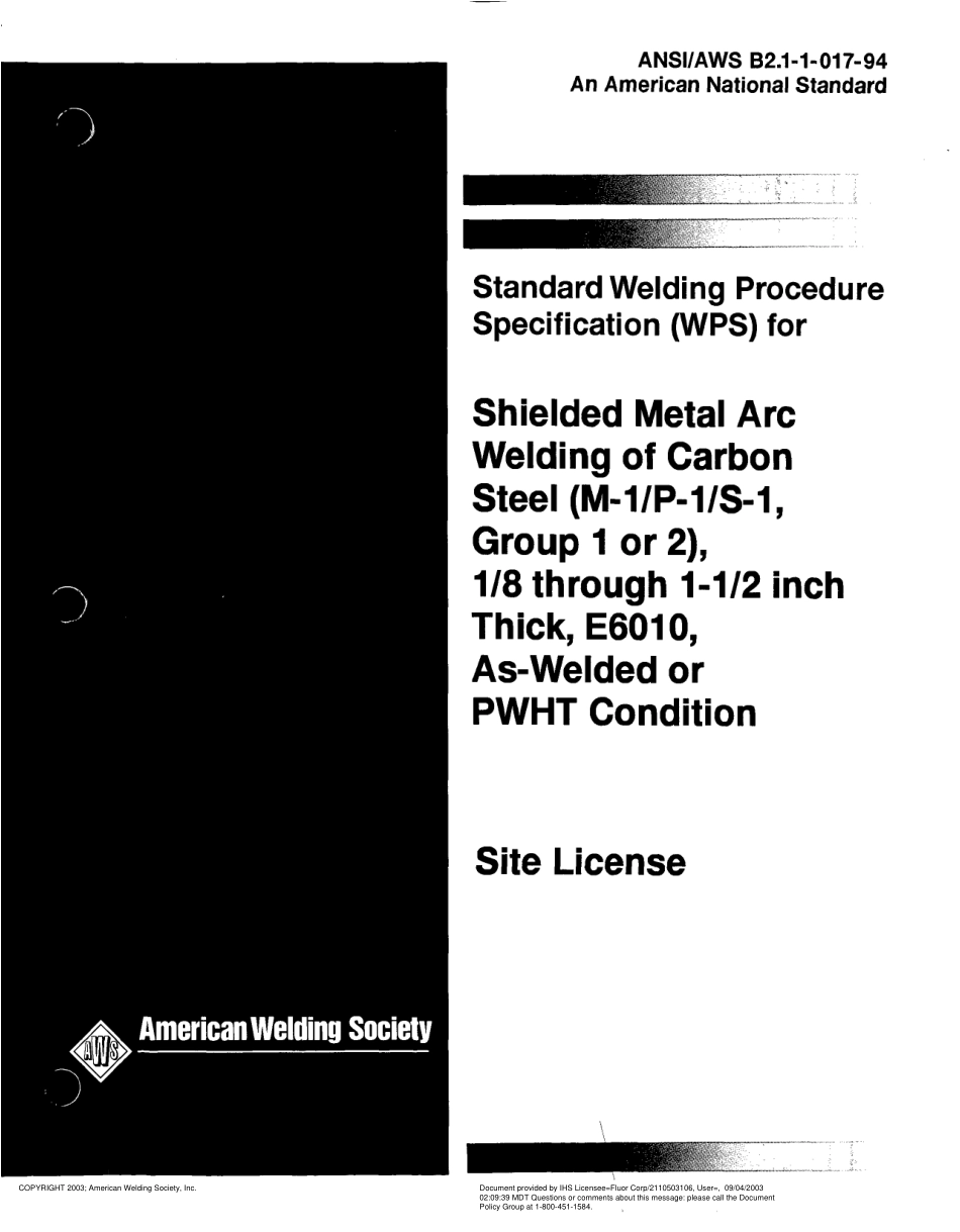 AWS B2.1-1-017-94 在焊接或PWHT条件下18到1-12英尺厚E6010碳钢的保护金属电弧焊的标准焊接程序规范(WPS)(M-1P-1S-1, 1或2.pdf_第1页