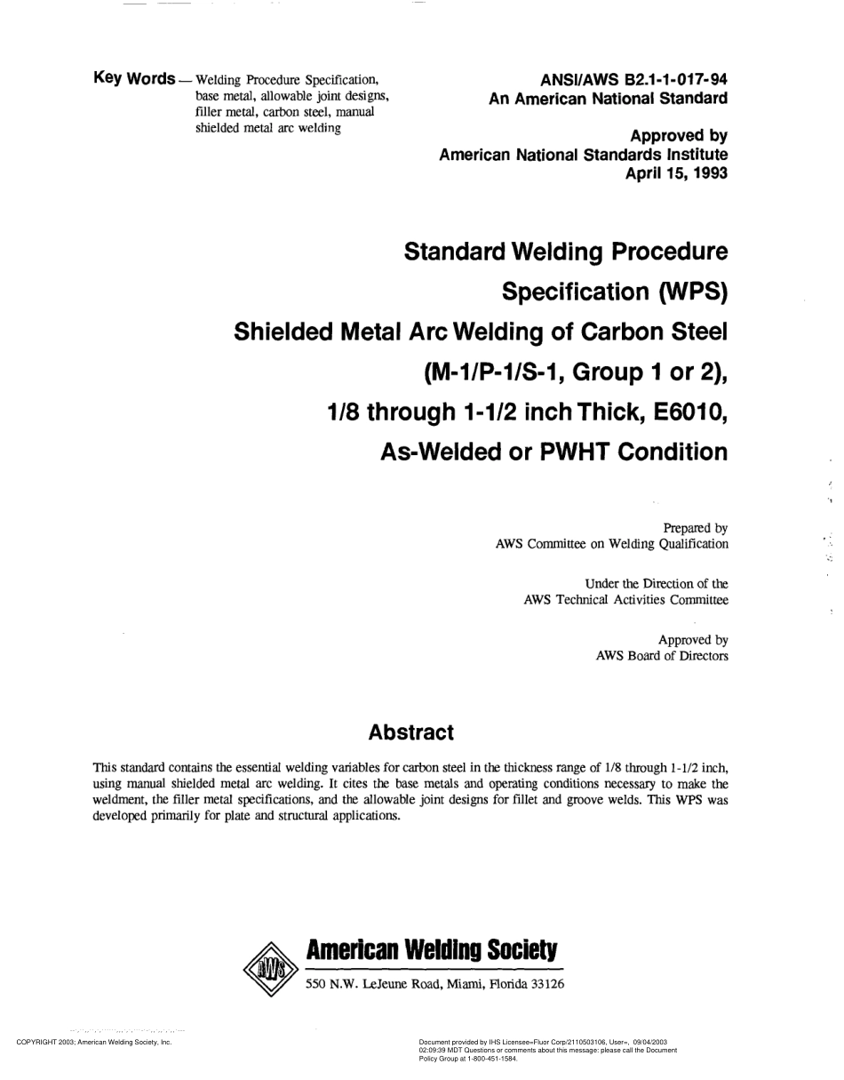 AWS B2.1-1-017-94 在焊接或PWHT条件下18到1-12英尺厚E6010碳钢的保护金属电弧焊的标准焊接程序规范(WPS)(M-1P-1S-1, 1或2.pdf_第3页