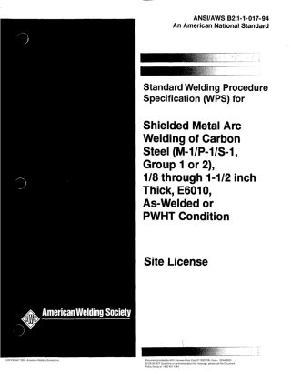 AWS B2.1-1-017-94 在焊接或PWHT条件下18到1-12英尺厚E6010碳钢的保护金属电弧焊的标准焊接程序规范(WPS)(M-1P-1S-1, 1或2.pdf