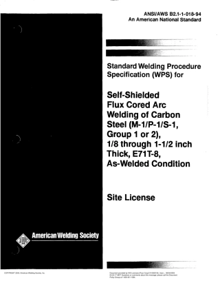 AWS B2.1-1-018-94 在焊接条件下18到1-12英尺厚E71T-8碳钢的自保护助溶剂芯电弧焊的标准焊接程序规范(WPS)(M-1P-1S-1, 1或.pdf