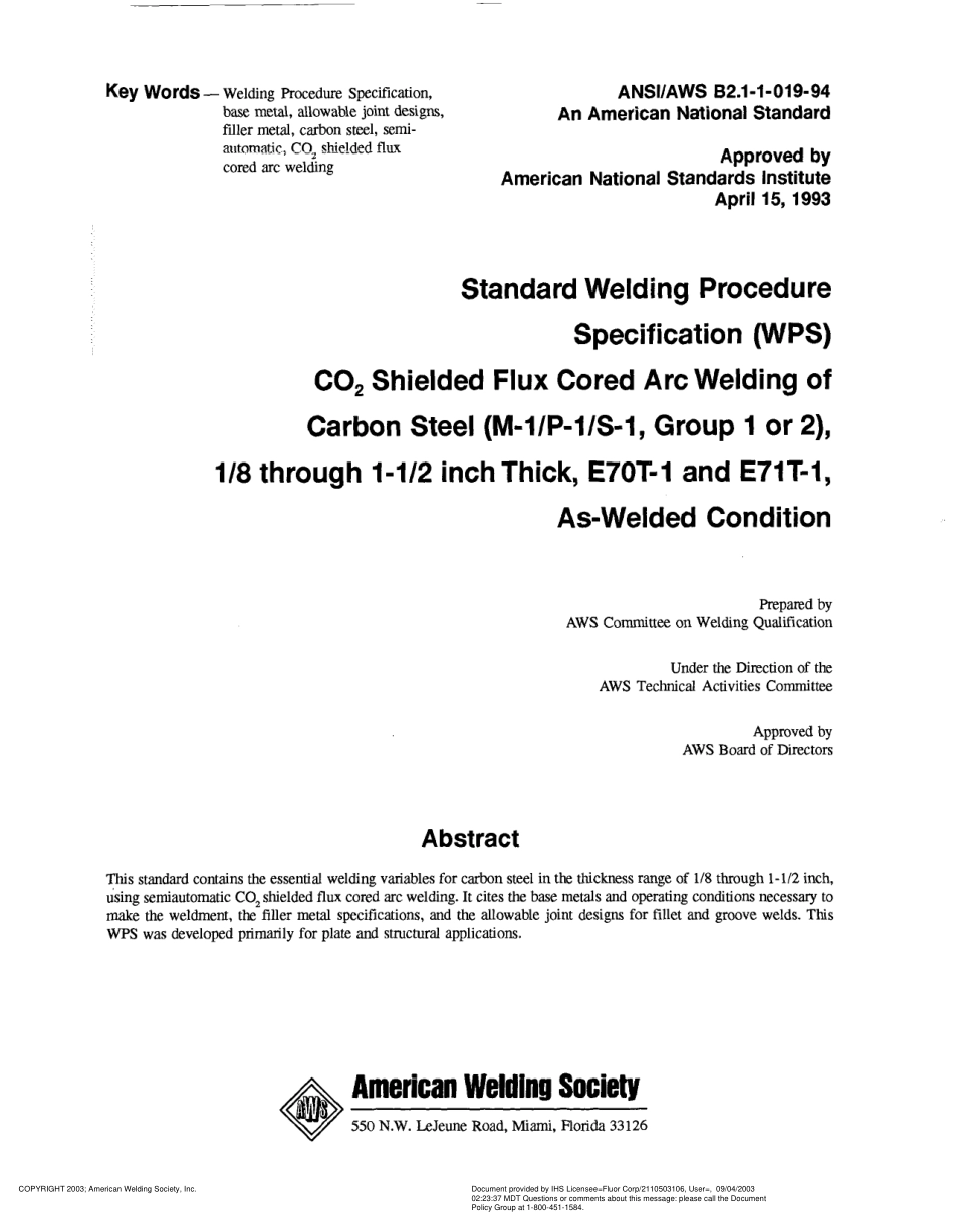 AWS B2.1-1-019-1994 Standard Welding Procedure Specification (WPS) for CO2 Shielded Flux Cored Arc Welding of Carbon Steel (M-1／P-1／S-1. Group 1 or 2).pdf_第3页