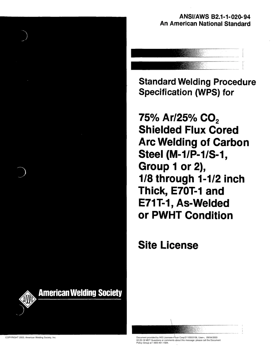 AWS B2.1-1-020-1994 Standard Welding Procedure Specification (WPS) for 75% Ar／25% CO2 Shielded Flux Cored Arc Welding of Carbon Steel (M-1／P-1／S-1. Group 1 or 2).pdf_第1页