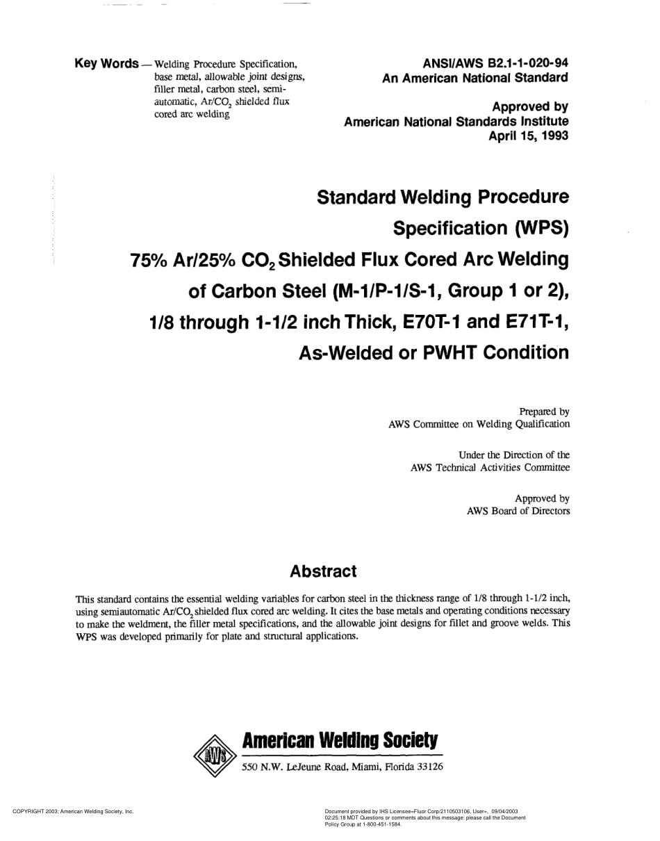 AWS B2.1-1-020-1994 Standard Welding Procedure Specification (WPS) for 75% Ar／25% CO2 Shielded Flux Cored Arc Welding of Carbon Steel (M-1／P-1／S-1. Group 1 or 2).pdf_第3页