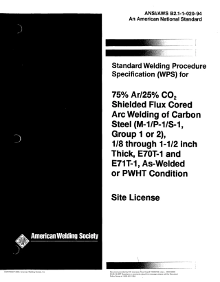 AWS B2.1-1-020-1994 Standard Welding Procedure Specification (WPS) for 75% Ar／25% CO2 Shielded Flux Cored Arc Welding of Carbon Steel (M-1／P-1／S-1. Group 1 or 2).pdf