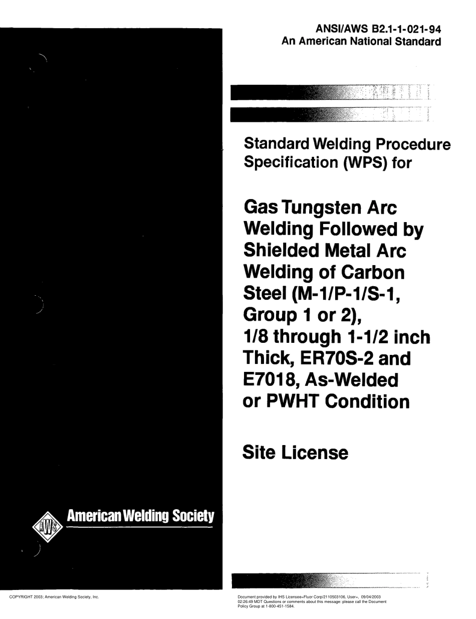 AWS B2.1-1-021-1994 Standard Welding Procedure Specification (WPS) for Gas Tungsten Arc Welding Followed by Shielded Metal Arc Welding of Carbon Steel.pdf_第1页