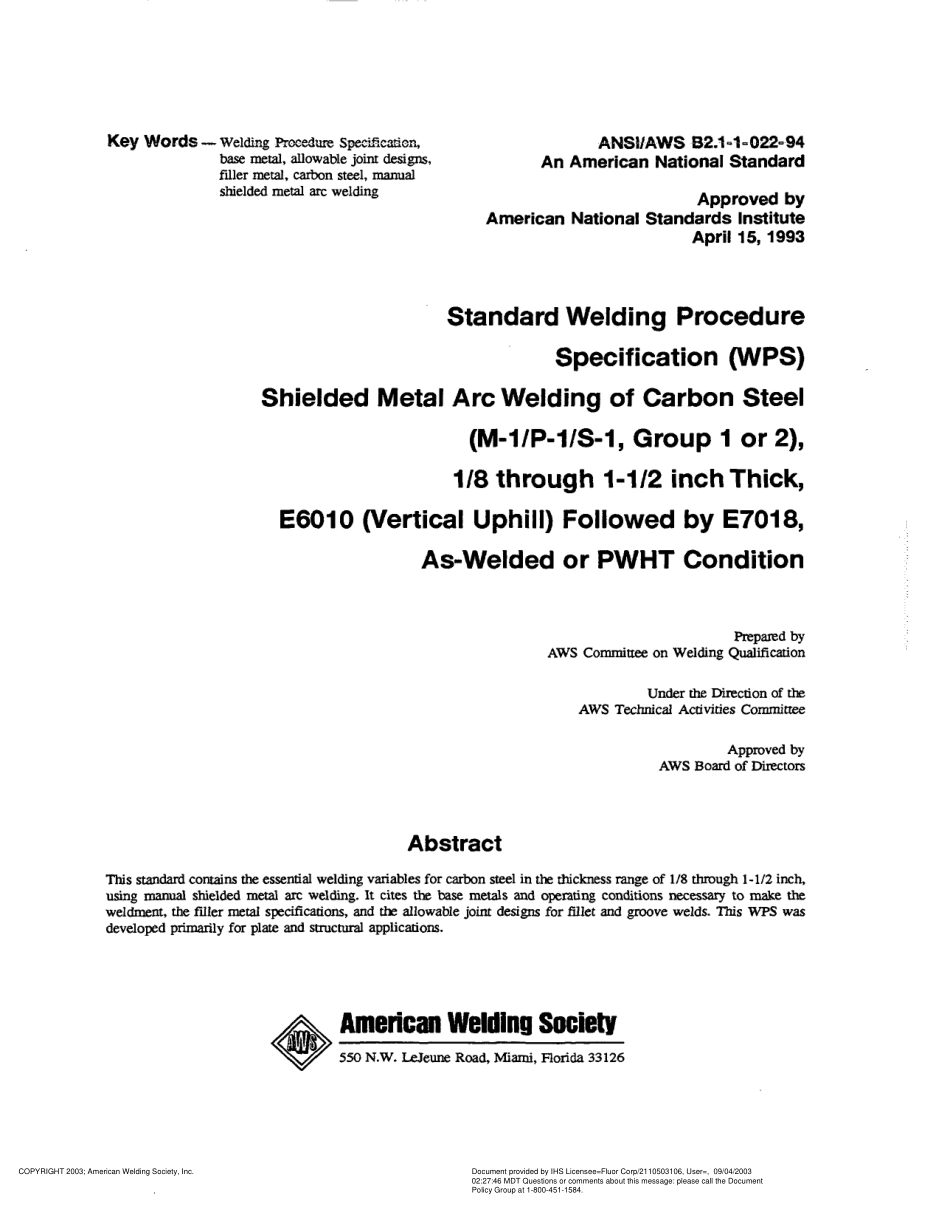 AWS B2.1-1-022-1994 Carbon Steel (M-1／P-1／S-1. Group 1 or 2). 1／8 Through 1-1／2 Inch Thick. E6010 (Vertical Uphill) Followed by E7018. As-Welded or PWHT Condition Site License.pdf_第3页