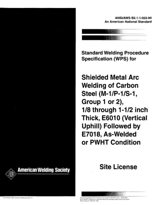 AWS B2.1-1-022-1994 Carbon Steel (M-1／P-1／S-1. Group 1 or 2). 1／8 Through 1-1／2 Inch Thick. E6010 (Vertical Uphill) Followed by E7018. As-Welded or PWHT Condition Site License.pdf