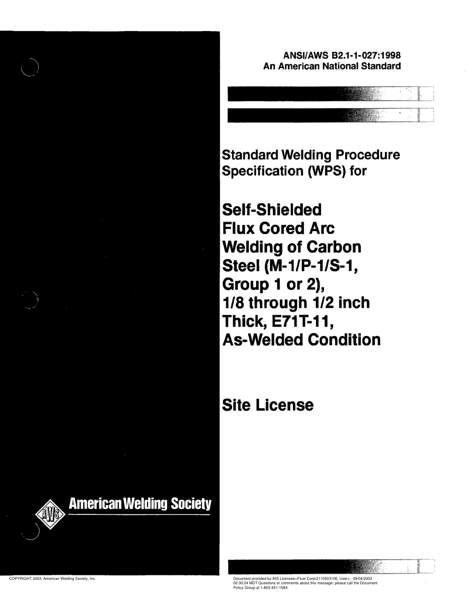 AWS B2.1-1-027-1998 Standard Welding Procedure Specification (WPS) for Self-Shielded Flux Cored Arc Welding of Carbon Steel (M-1／P-1／S-1. Group 1 or 2).pdf_第1页