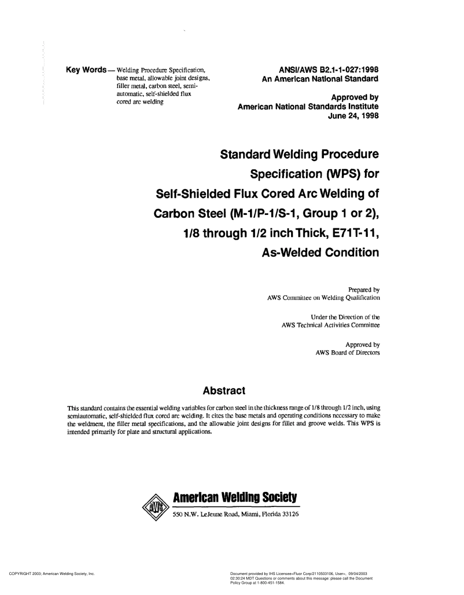 AWS B2.1-1-027-1998 Standard Welding Procedure Specification (WPS) for Self-Shielded Flux Cored Arc Welding of Carbon Steel (M-1／P-1／S-1. Group 1 or 2).pdf_第3页