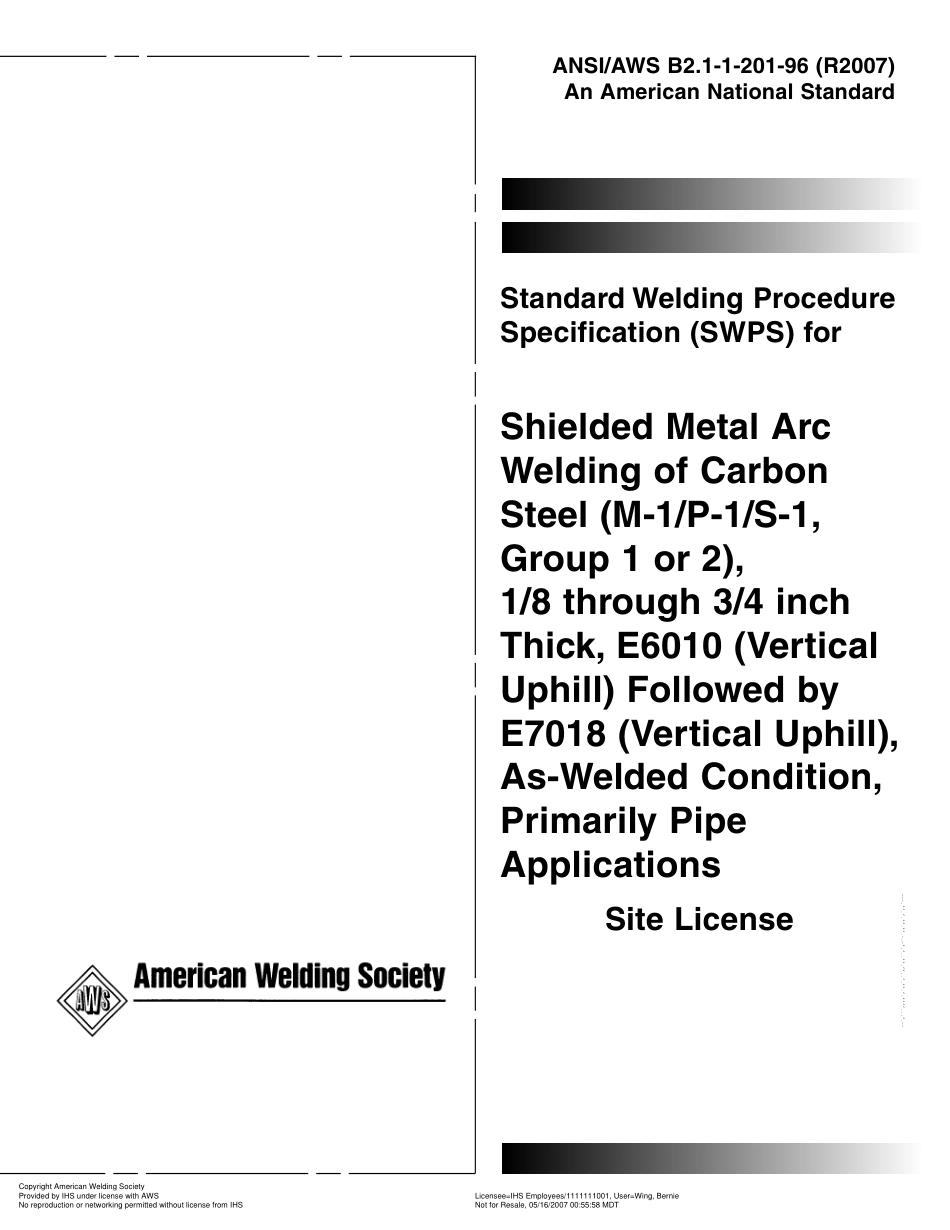 AWS B2.1-1-201-96(R2007) 主要用于管道的、在焊接条件下、(M-1／P-1／S-1,1或2组)1／8到3／4英寸厚、E6010(垂直向上)及E7018(垂直向上)碳.pdf_第1页