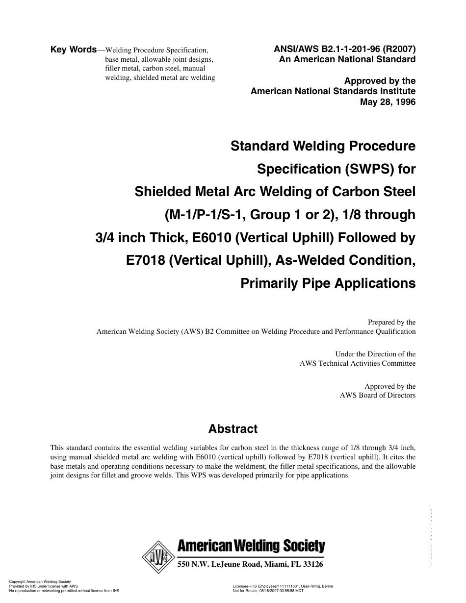 AWS B2.1-1-201-96(R2007) 主要用于管道的、在焊接条件下、(M-1／P-1／S-1,1或2组)1／8到3／4英寸厚、E6010(垂直向上)及E7018(垂直向上)碳.pdf_第3页