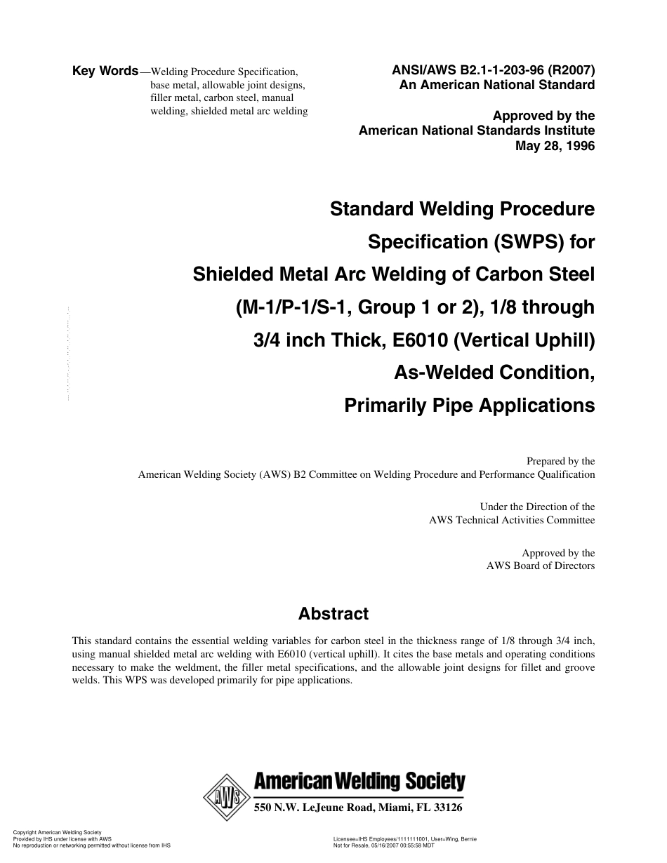 AWS B2.1-1-203-96(R2007) 主要用于管道的、在焊接条件下、(M-1／P-1／S-1,1或2组)1／8到3／4英寸厚、E6010(垂直向上)碳钢的药皮焊条电弧焊.pdf_第3页