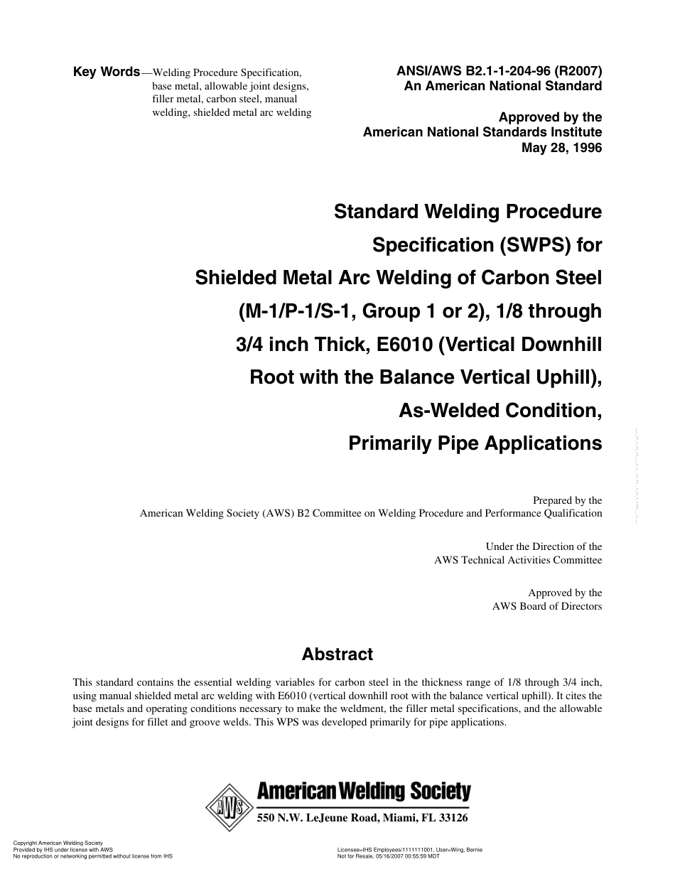 AWS B2.1-1-204-96(R2007) 主要用于管道的、在焊接条件下、(M-1／P-1／S-1,1或2组)1／8到3／4英寸厚、E6010碳钢的药皮焊条电弧焊的标准焊接.pdf_第3页
