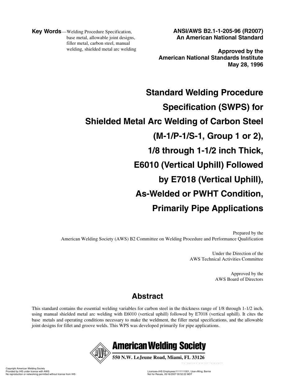 AWS B2.1-1-205-96(R2007) 主要用于管道的、在焊接或PWHT条件下(M-1／P-1／S-1,1或2组)1／8到1-1／2英寸厚、E6010(垂直向上)及E7018(垂直.pdf_第3页