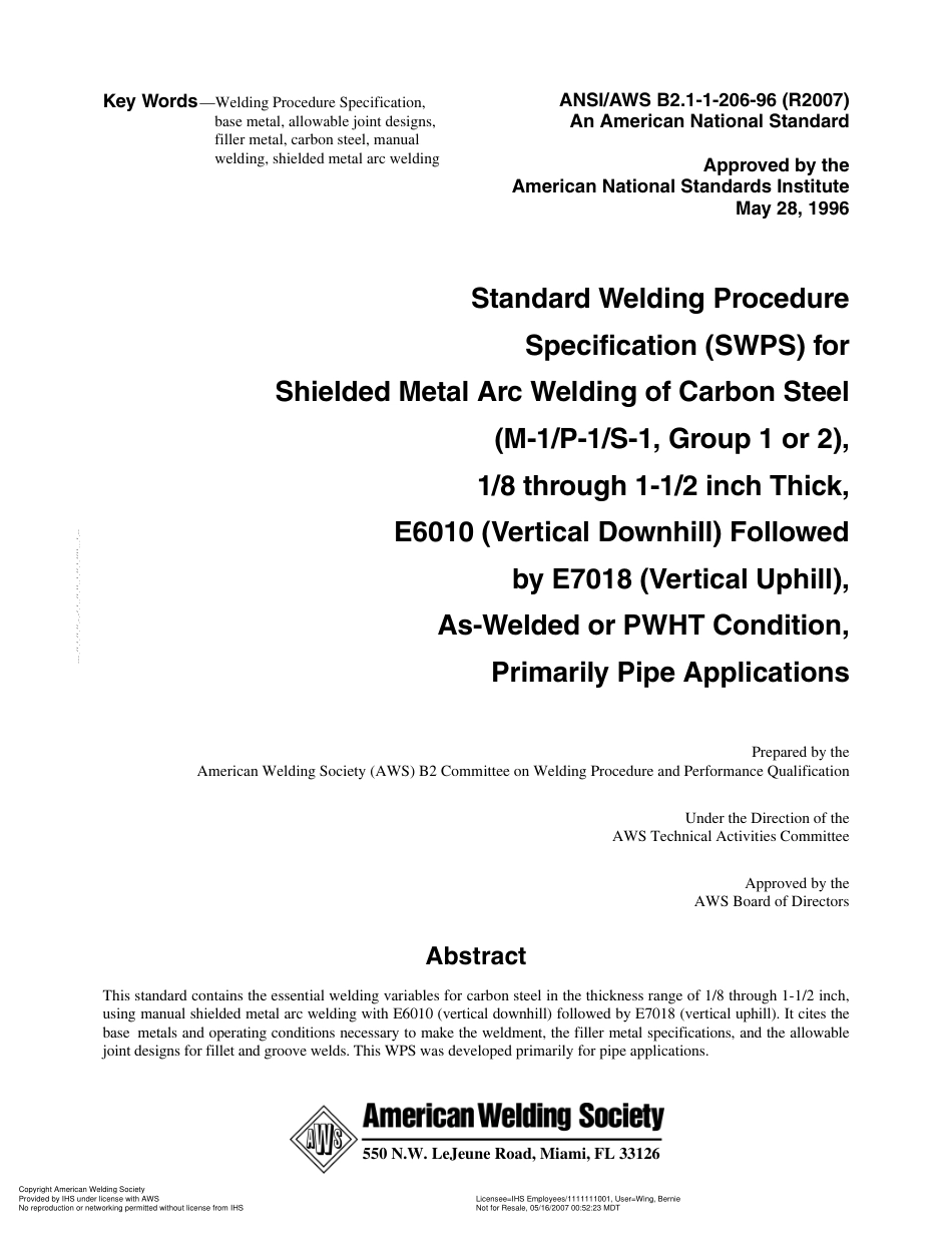 AWS B2.1-1-206-96(R2007) 主要用于管道的、在焊接或PWHT条件下(M-1／P-1／S-1,1或2组)1／8到1-1／2英寸厚、E6010(垂直向上)及E7018(垂直.pdf_第3页