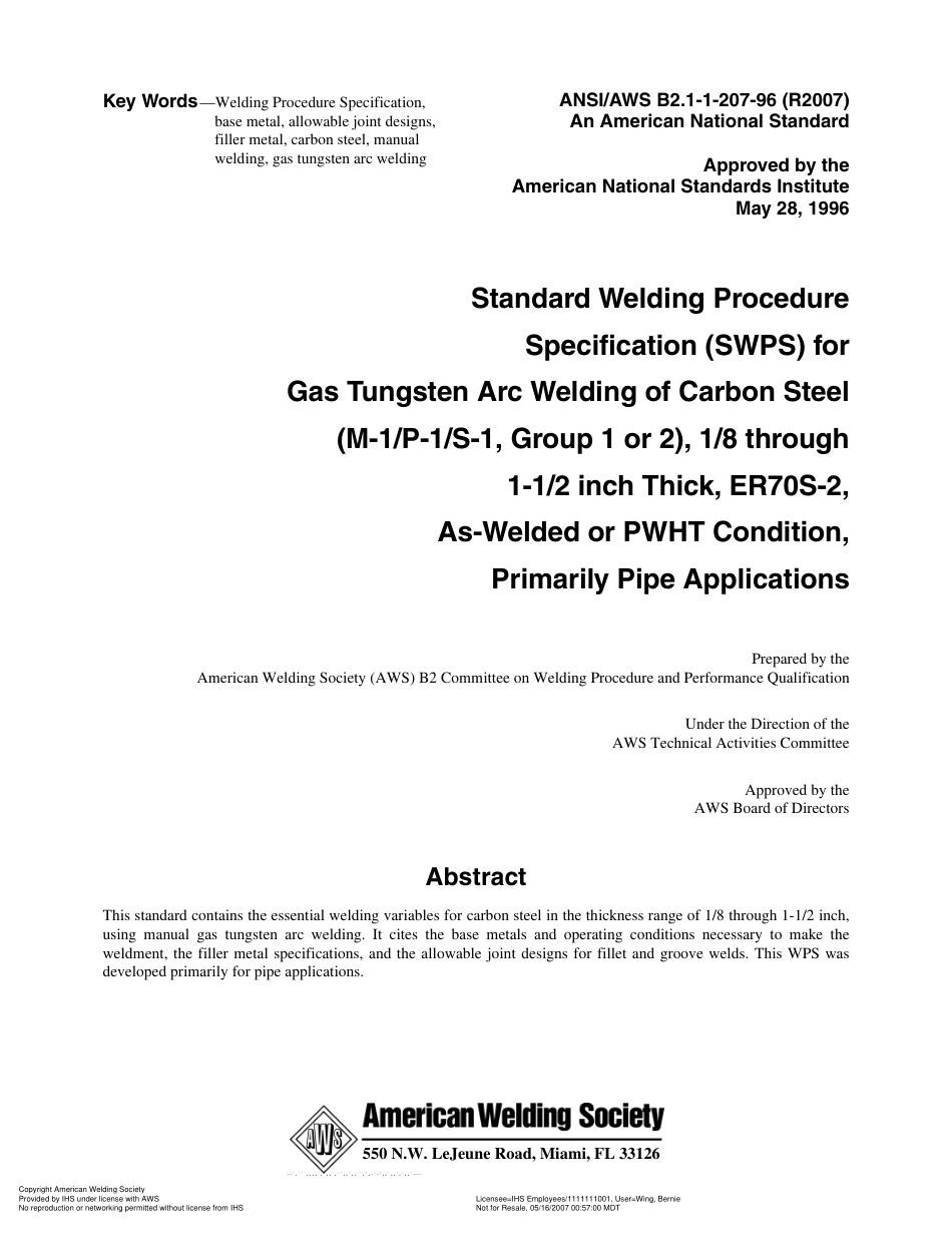 AWS B2.1-1-207-96(R2007) 主要用于管道的、在焊接或PWHT条件下(M-1／P-1／S-1,1或2组)1／8到1-1／2英寸厚、ER70S-2碳钢的钨极电弧焊的标.pdf_第3页