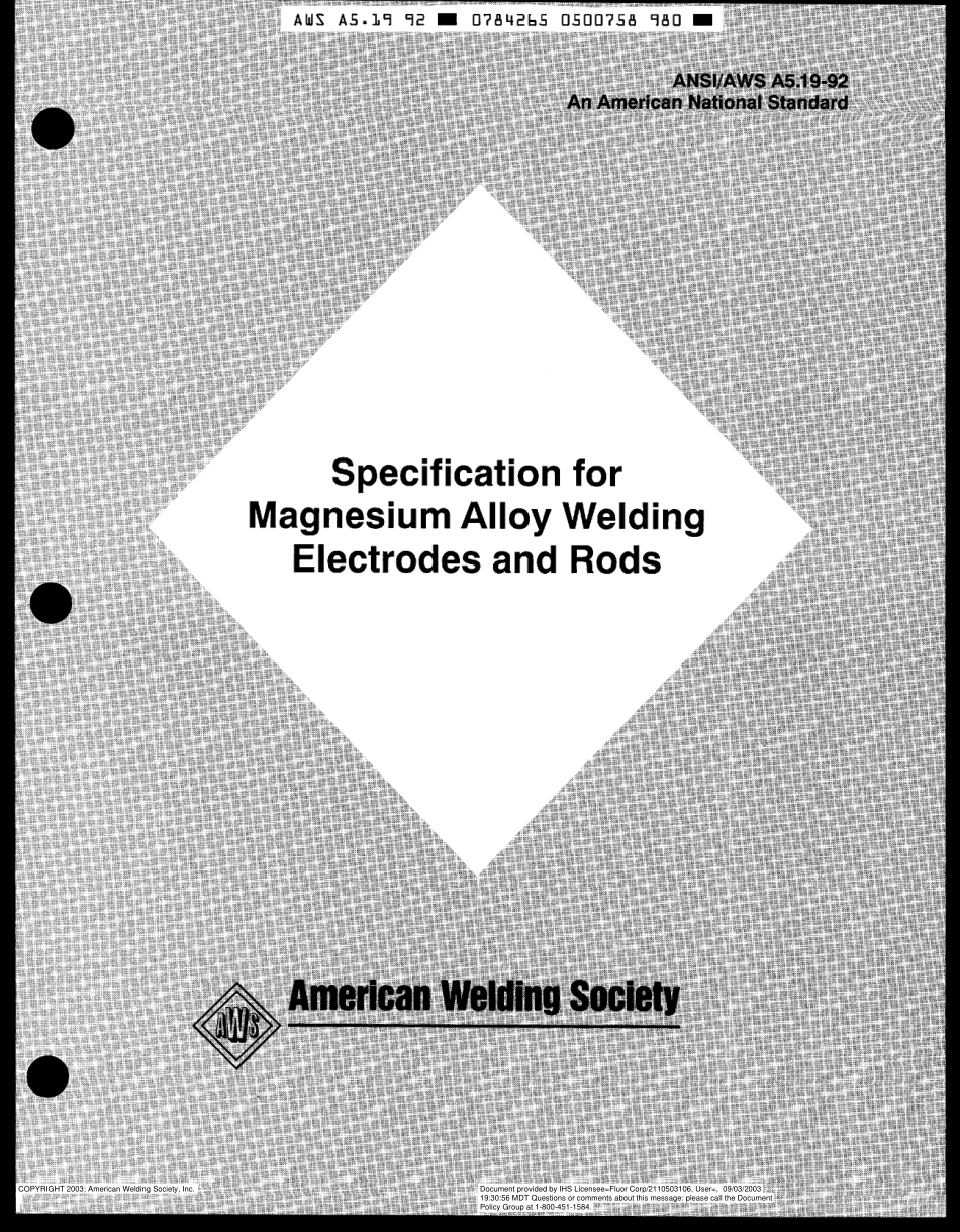 AWS A5.19-92 Specification for Magnesium Alloy Welding Electrodes and Rods R(1997).pdf_第1页