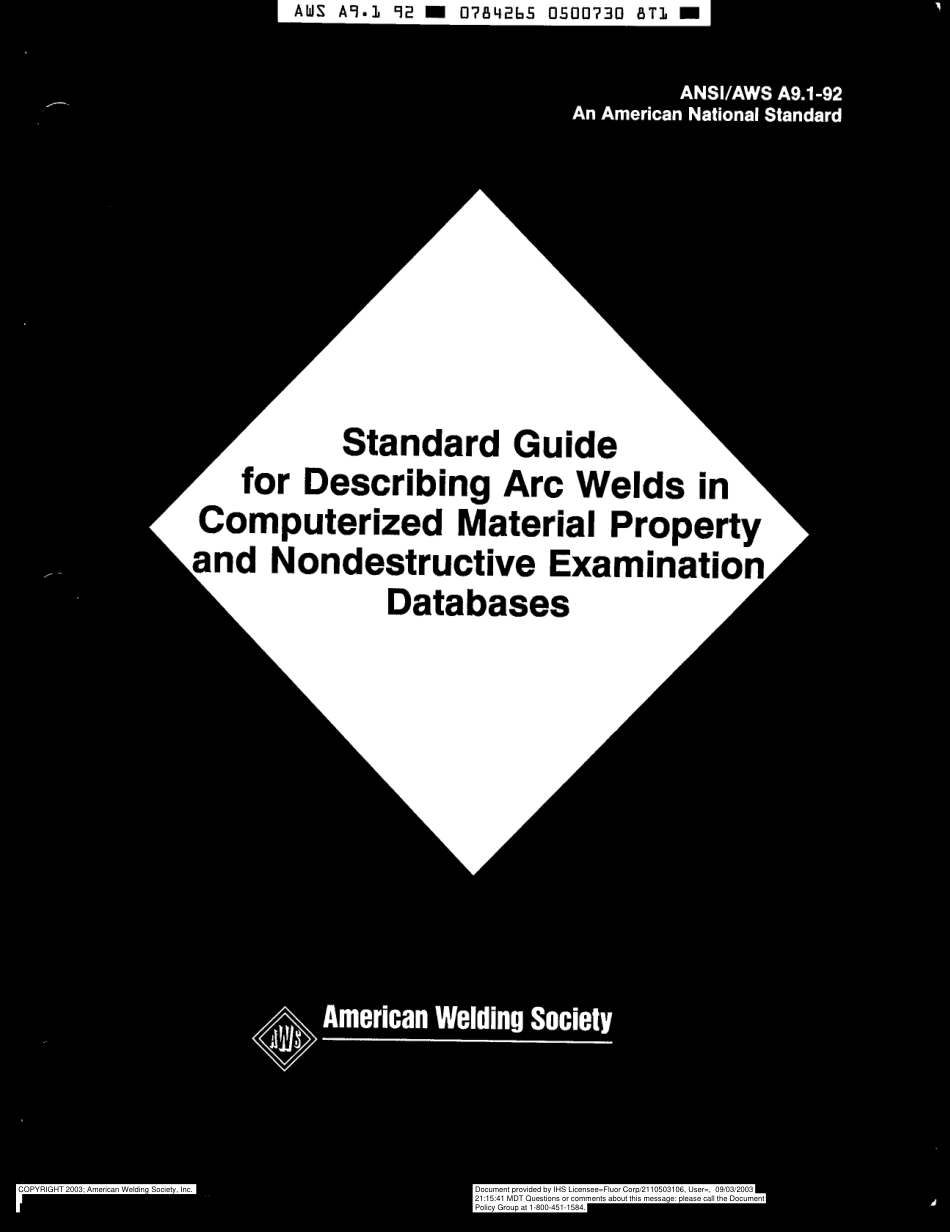 AWS A9.1-92 Standard Guide for Describing Arc Welds in Computerized Material Property and Nondestructive Examination Databases.pdf_第1页