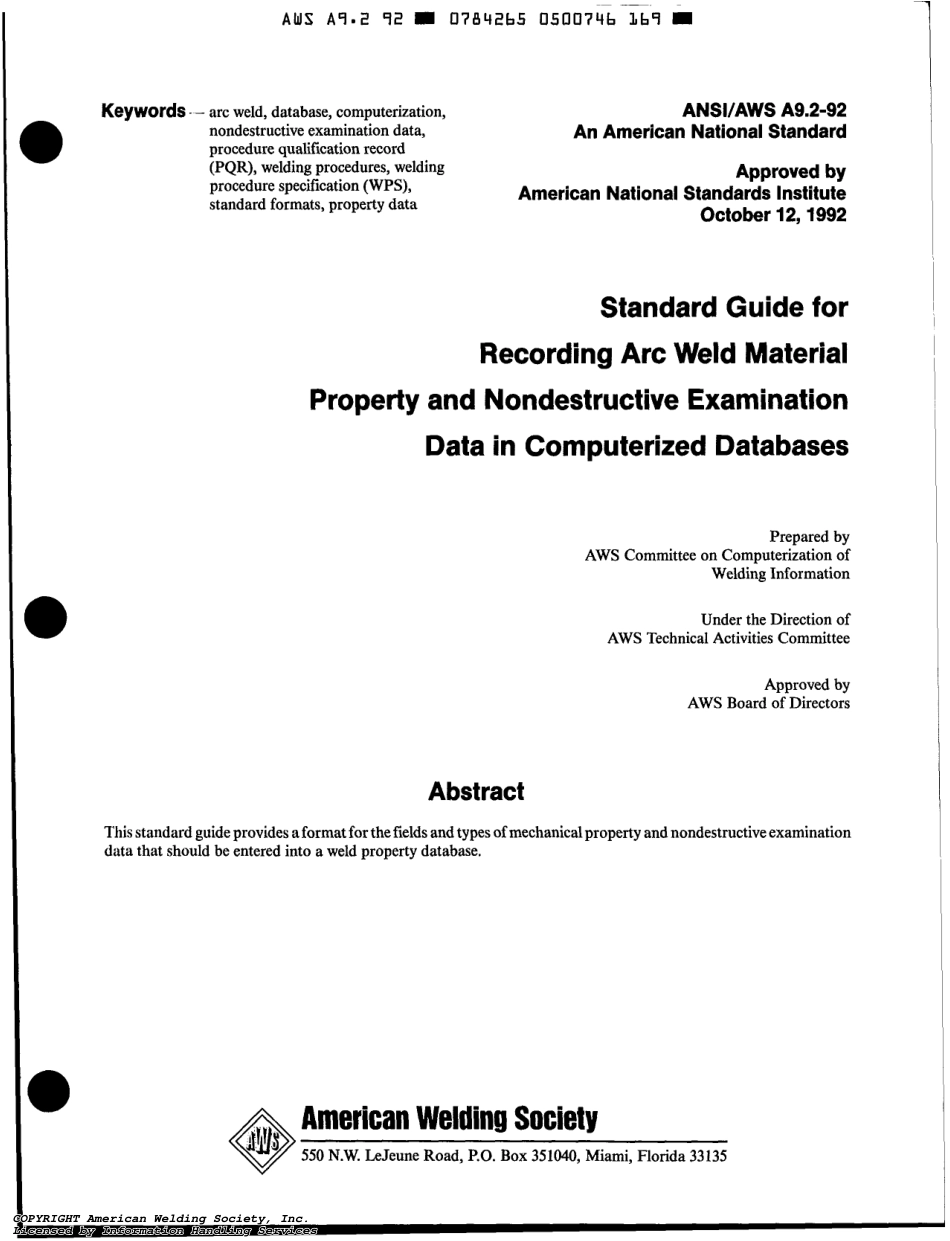 AWS A9.2-92 Standard Guide for Recording Arc Weld Material Property and Nondestructive Examination Data in Computerized Databases.pdf_第2页