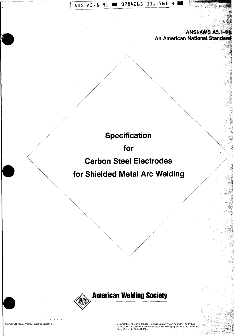 AWS A5.1-91 Specification for Carbon Steel Electrodes for Shielded Metal Arc Welding.pdf_第1页