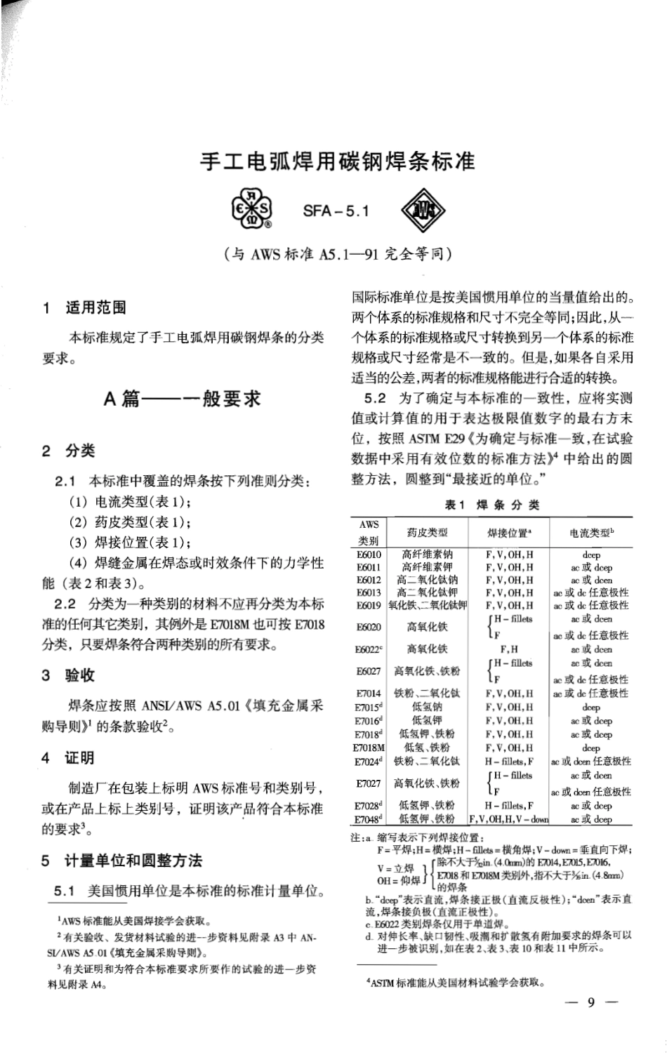 AWS A5.1-1991 手工电弧焊用碳钢焊条标准(中文版).pdf_第1页