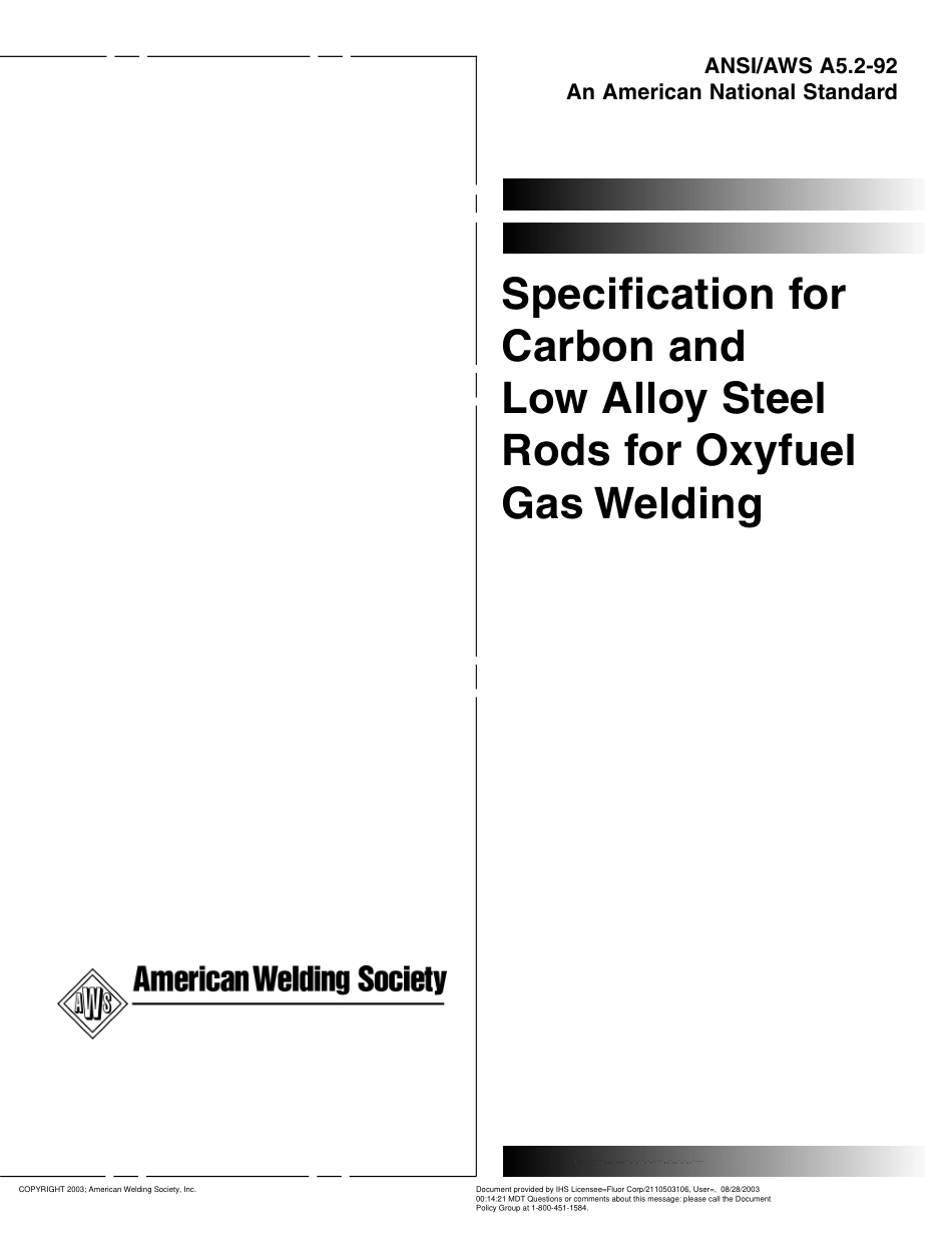 AWS A5.2-92 Specification for Carbon and Low Alloy Steel Rods for Oxyfuel Gas Welding.pdf_第1页