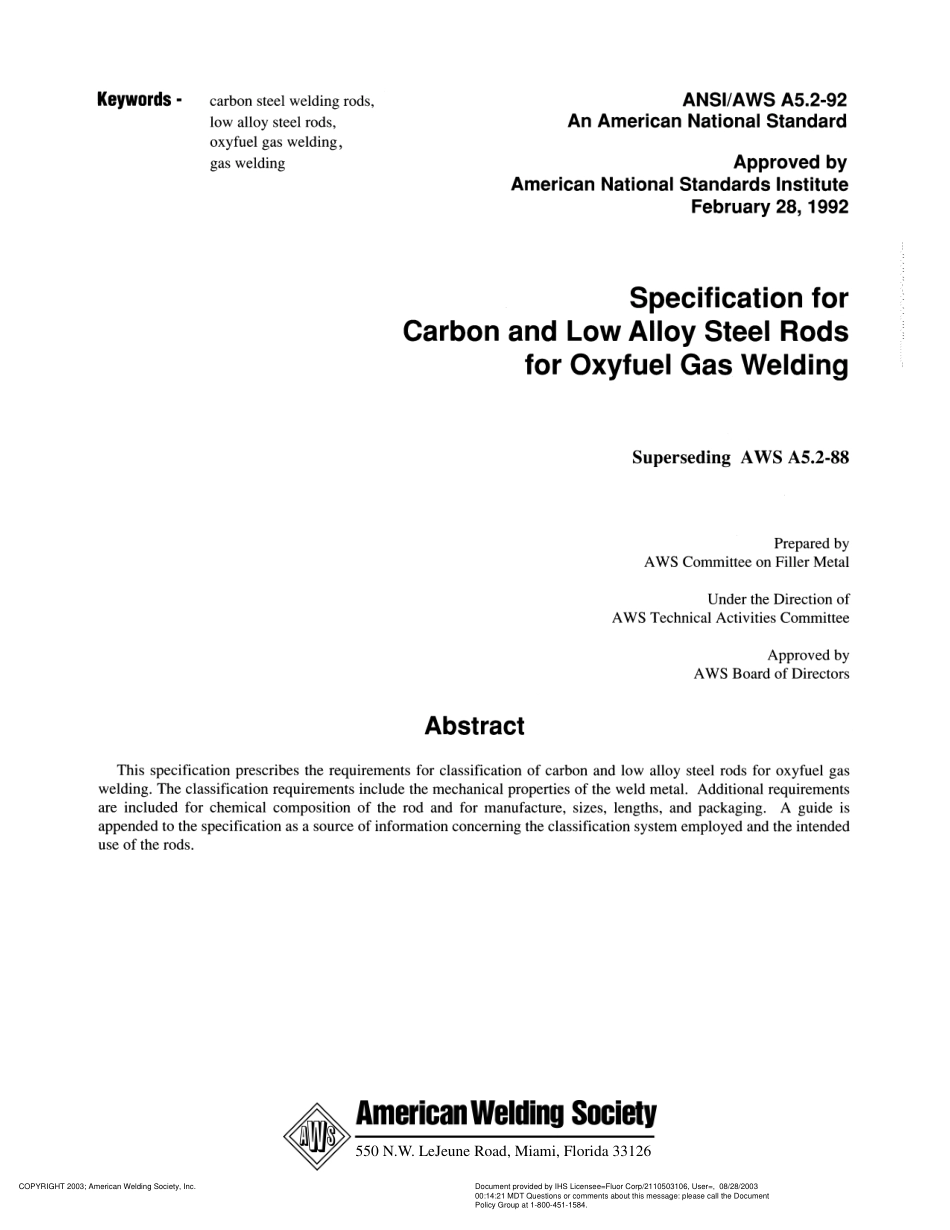 AWS A5.2-92 Specification for Carbon and Low Alloy Steel Rods for Oxyfuel Gas Welding.pdf_第2页