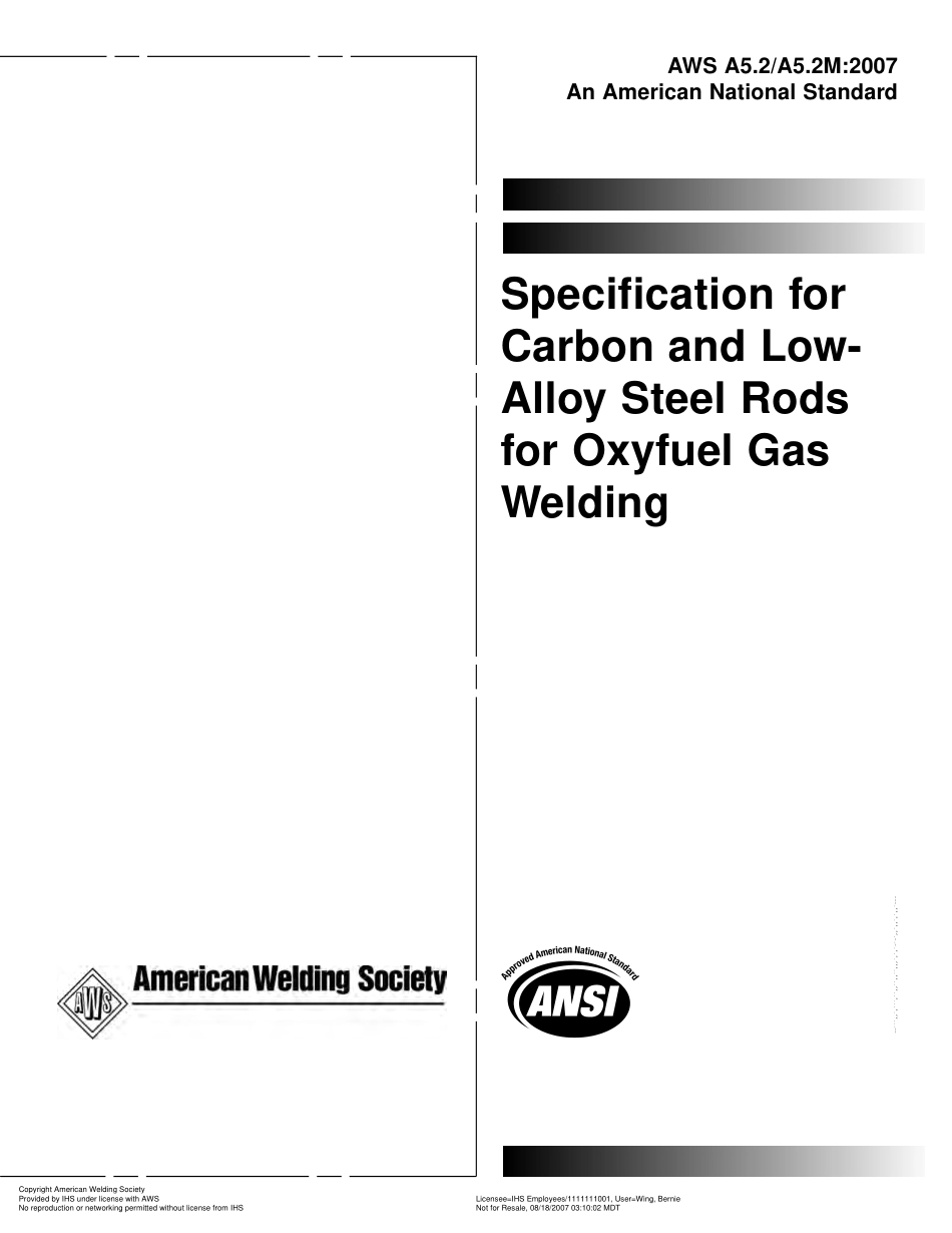 AWS A5.2-A5.2M-2007 氧燃料气焊接的碳钢和低合金钢棒材的规范.pdf_第1页