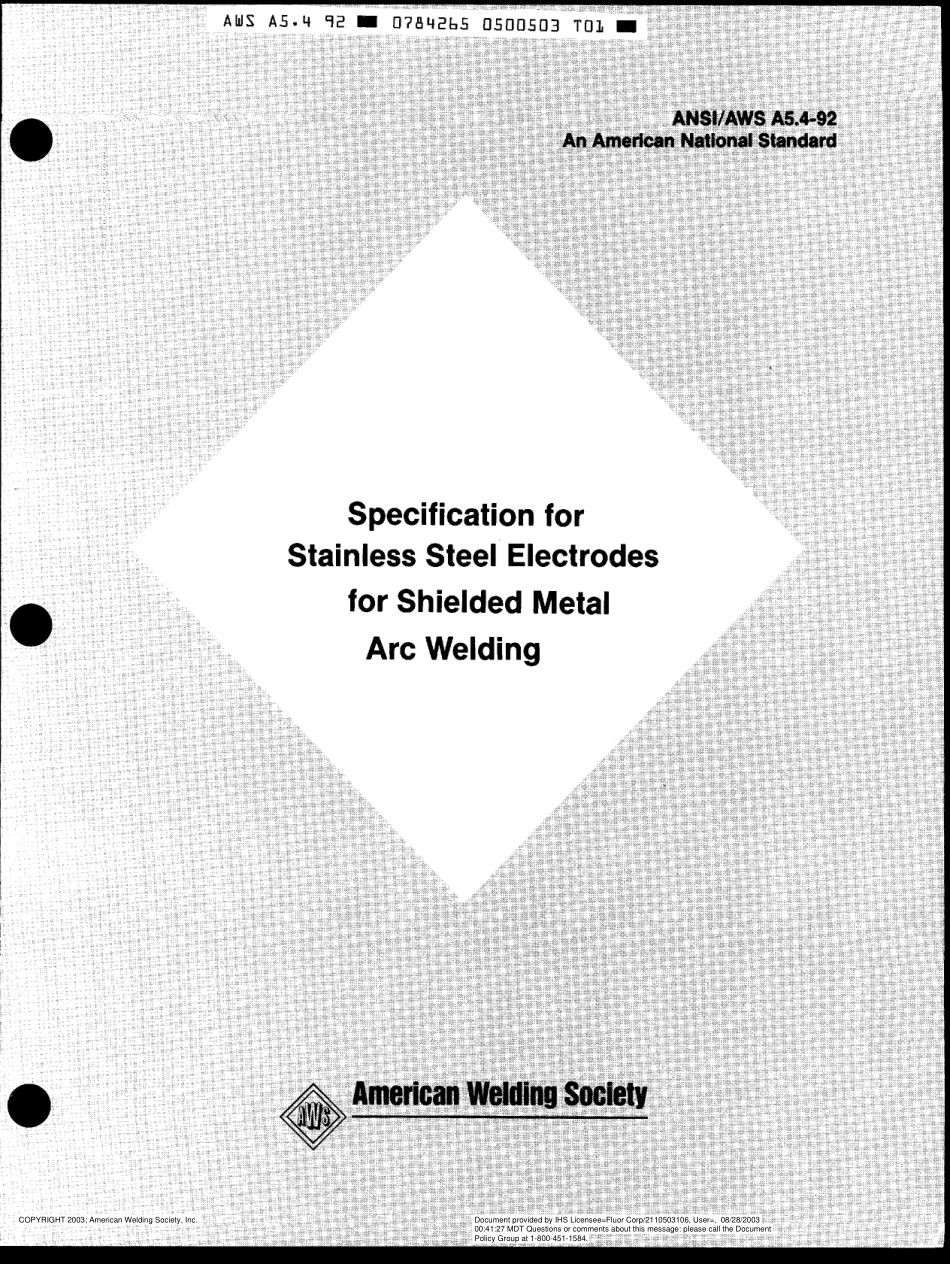 AWS A5.4-92 Specification for Stainless Steel Electrodes for Shielded Metal Arc Welding Supersedes SAE AMS 5777 R(2000).pdf_第1页