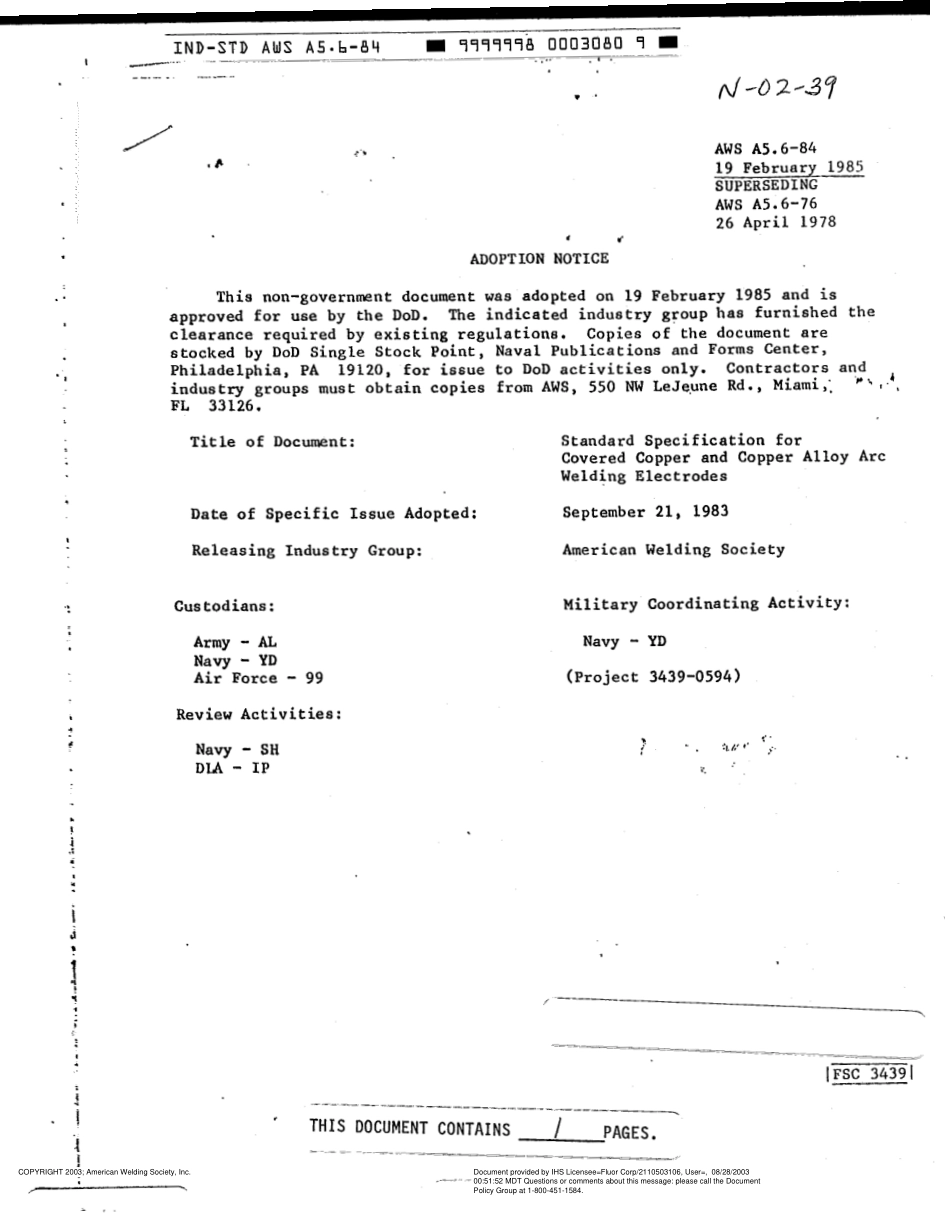 AWS A5.6-84 Specification for Covered Copper and Copper Alloy Arc Welding Electrodes R(1991).pdf_第1页