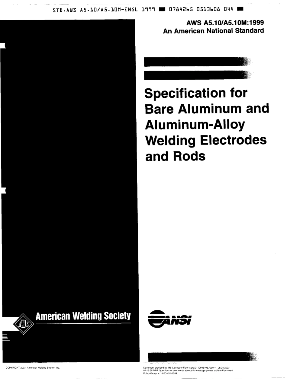AWS A5.10-99 Specification for Bare Aluminum and Aluminum -Alloy Welding Electrodes and Rods.pdf_第1页