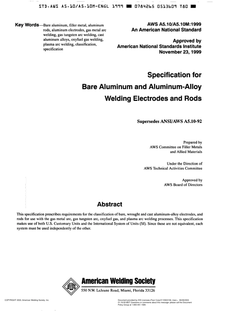 AWS A5.10-99 Specification for Bare Aluminum and Aluminum -Alloy Welding Electrodes and Rods.pdf_第2页