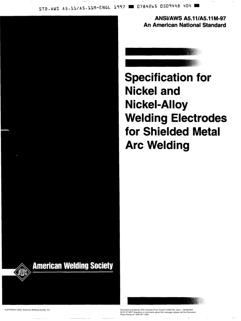AWS A5.11-97 Specification for Nickel and Nickel-Alloy Welding Electrodes for Shielded Metal Arc Welding.pdf_第1页