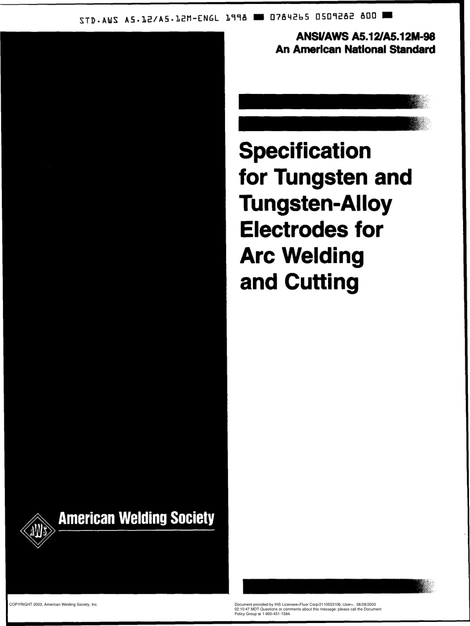 AWS A5.12-98 Specification for Tungsten and Tungsten-Alloy Electrodes for Arc Welding and Cutting.pdf_第1页