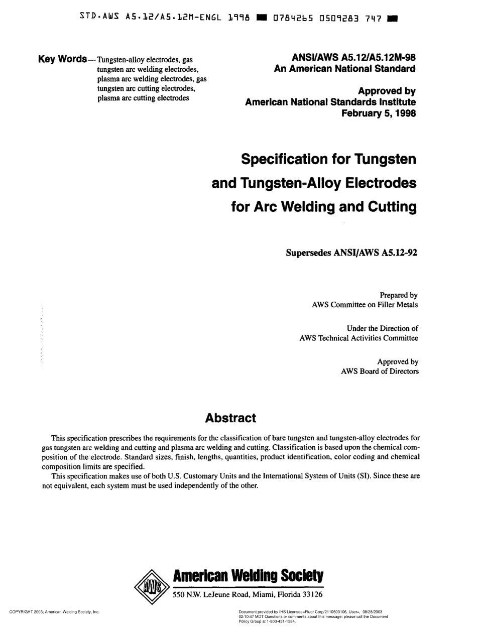 AWS A5.12-98 Specification for Tungsten and Tungsten-Alloy Electrodes for Arc Welding and Cutting.pdf_第2页