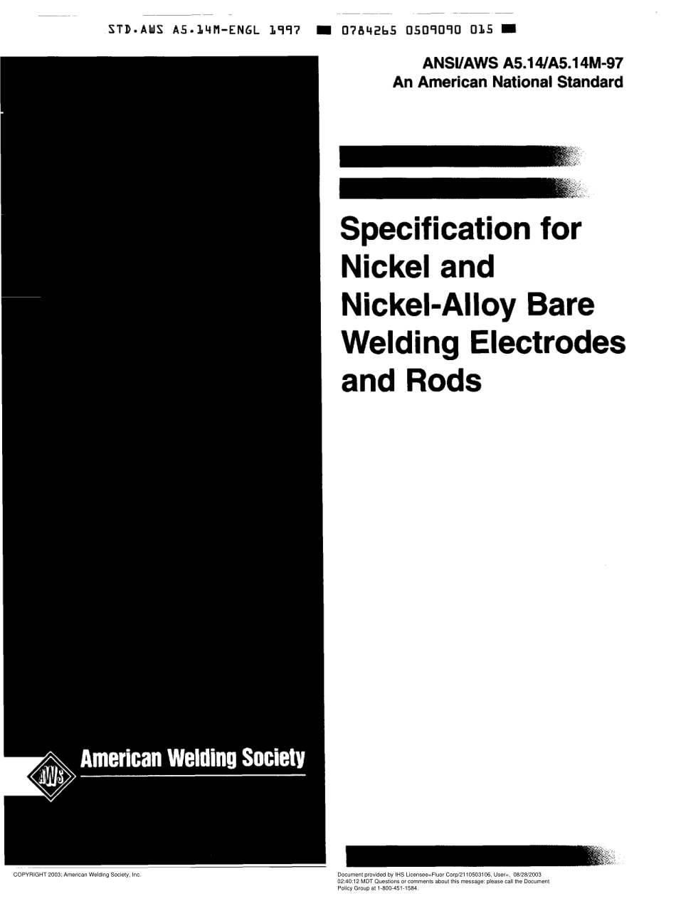 AWS A5.14-97 Specification for Nickel and Nickel-Alloy Bare Welding Electrodes and Rods.pdf_第1页