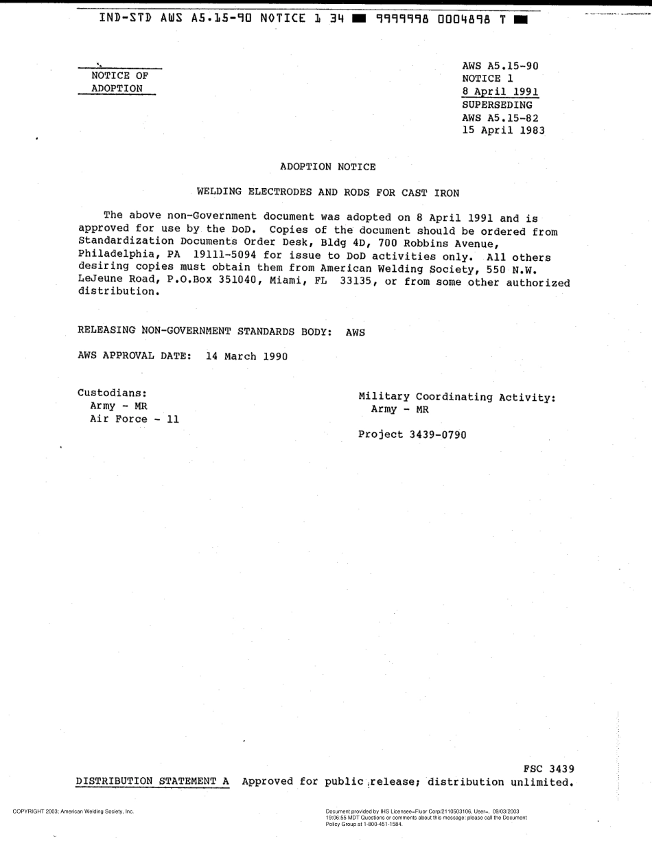 AWS A5.15-90 Specification for Welding Electrodes and Rods for Cast Iron.pdf_第1页