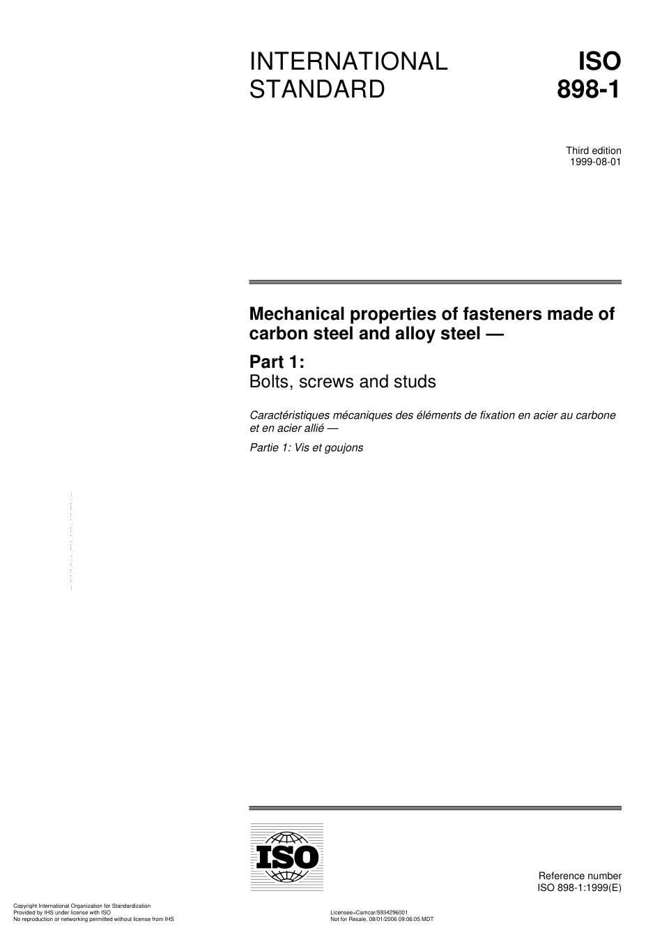 ISO 898-1-99 碳钢合金钢紧固件机械性能-螺栓螺钉和双头螺栓.pdf_第1页