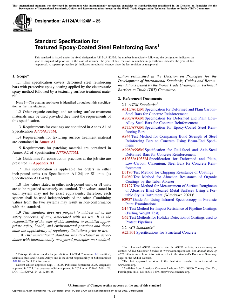 ASTM A1124-25 Standard Specification for Textured Epoxy-Coated Steel Reinforcing Bars.pdf_第1页