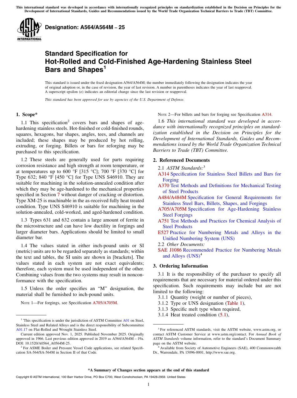 ASTM A564-25 Standard Specification for Hot-Rolled and Cold-Finished Age-Hardening Stainless Steel Bars and Shapes.pdf_第1页