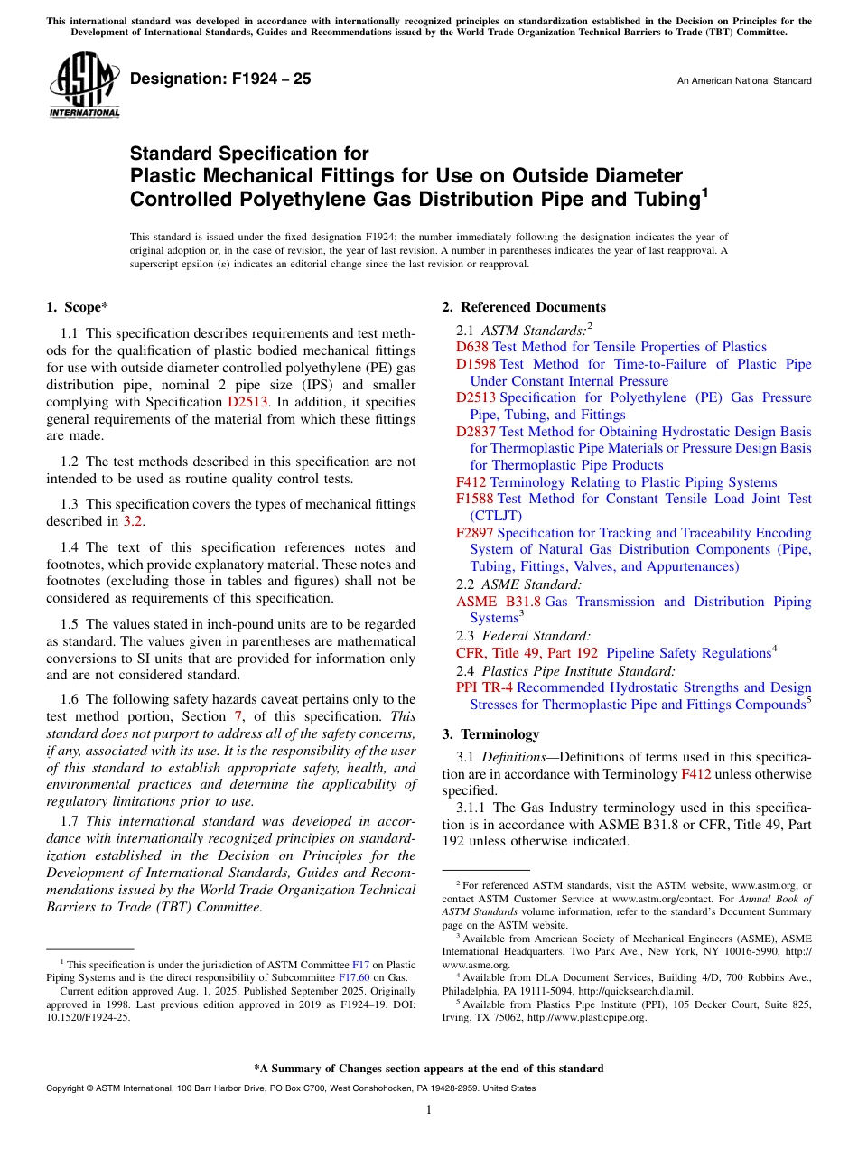 ASTM F1924-25 Standard Specification for Plastic Mechanical Fittings for Use on Outside Diameter Controlled Polyethylene Gas Distribution Pipe and Tubing.pdf_第1页