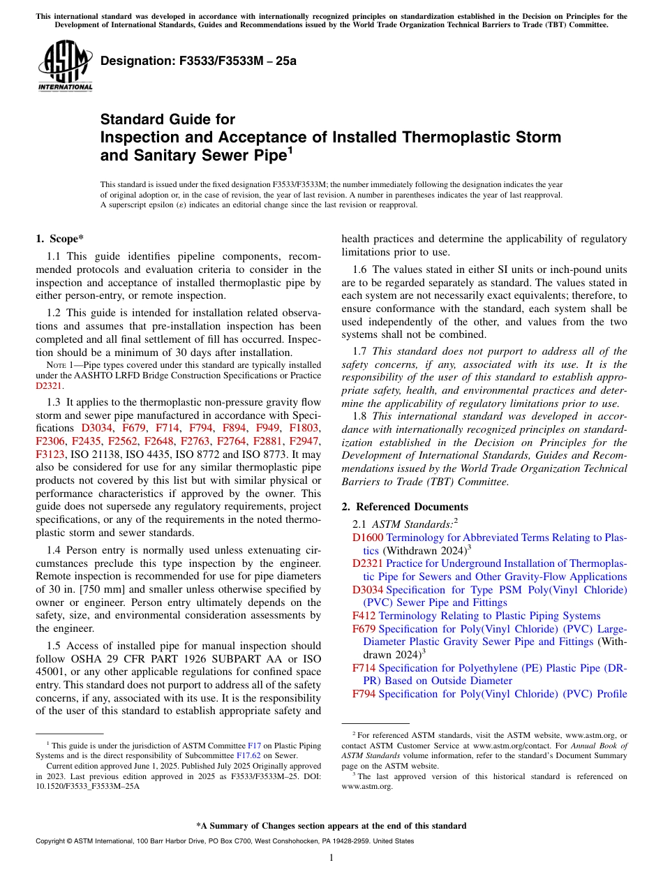 ASTM F3533-25a Standard Guide for Inspection and Acceptance of Installed Thermoplastic Storm and Sanitary Sewer Pipe.pdf_第1页