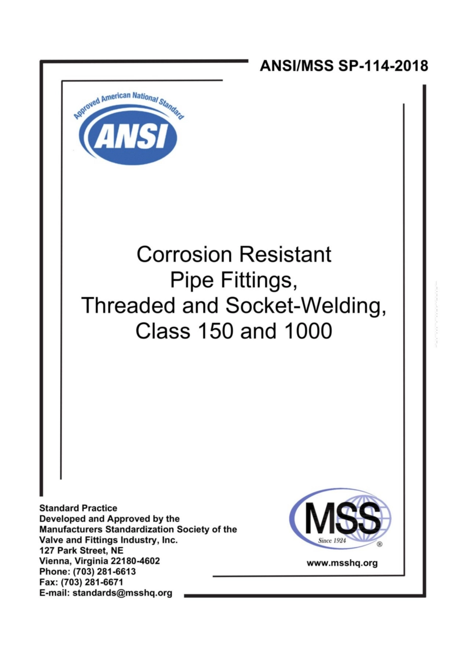 MSS SP-114-2018 150级和1000级耐腐蚀螺纹和承插焊接管件.pdf_第1页